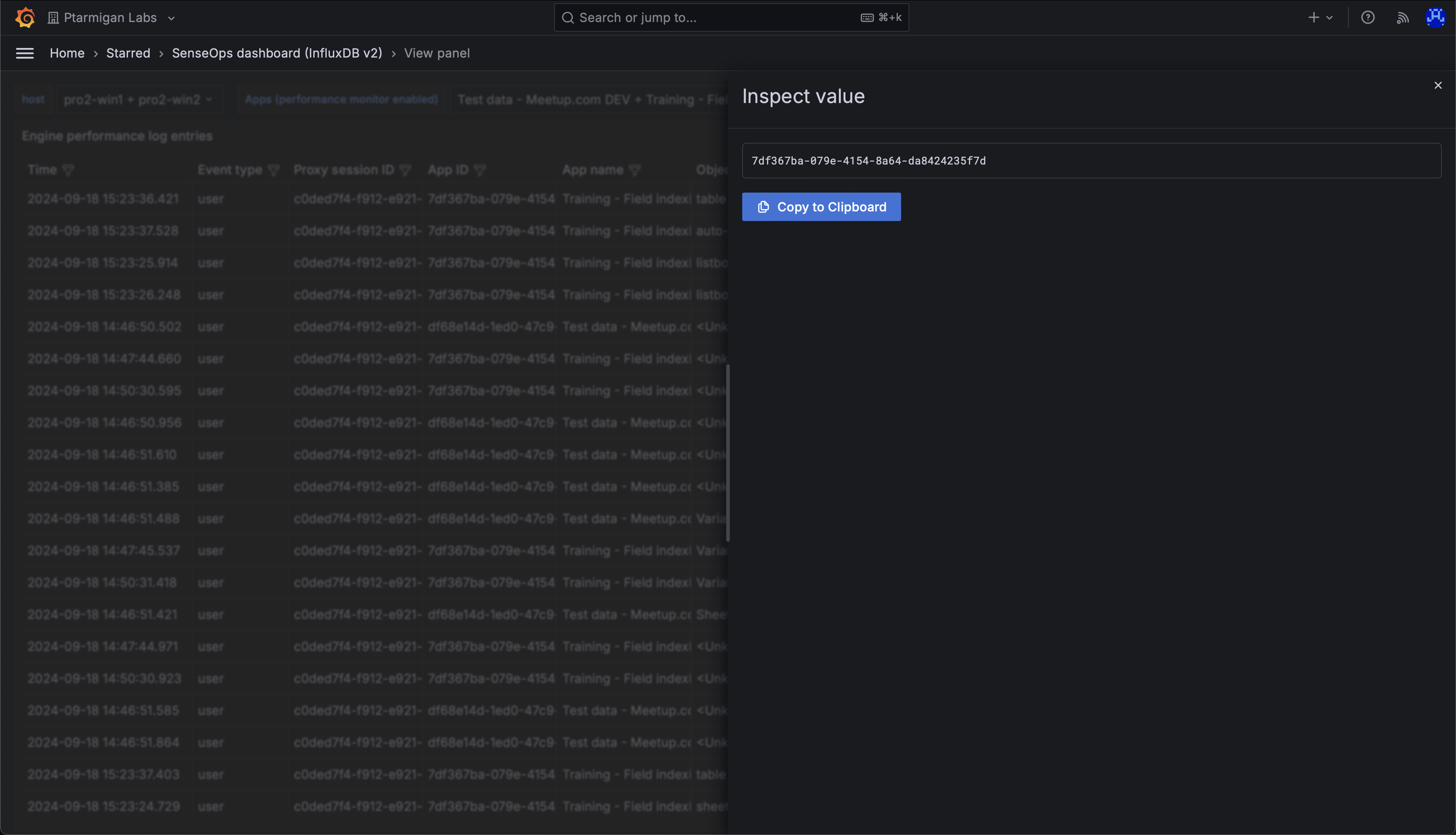 It is possible to inspect any value in the table, and easily copy it to the clipboard.