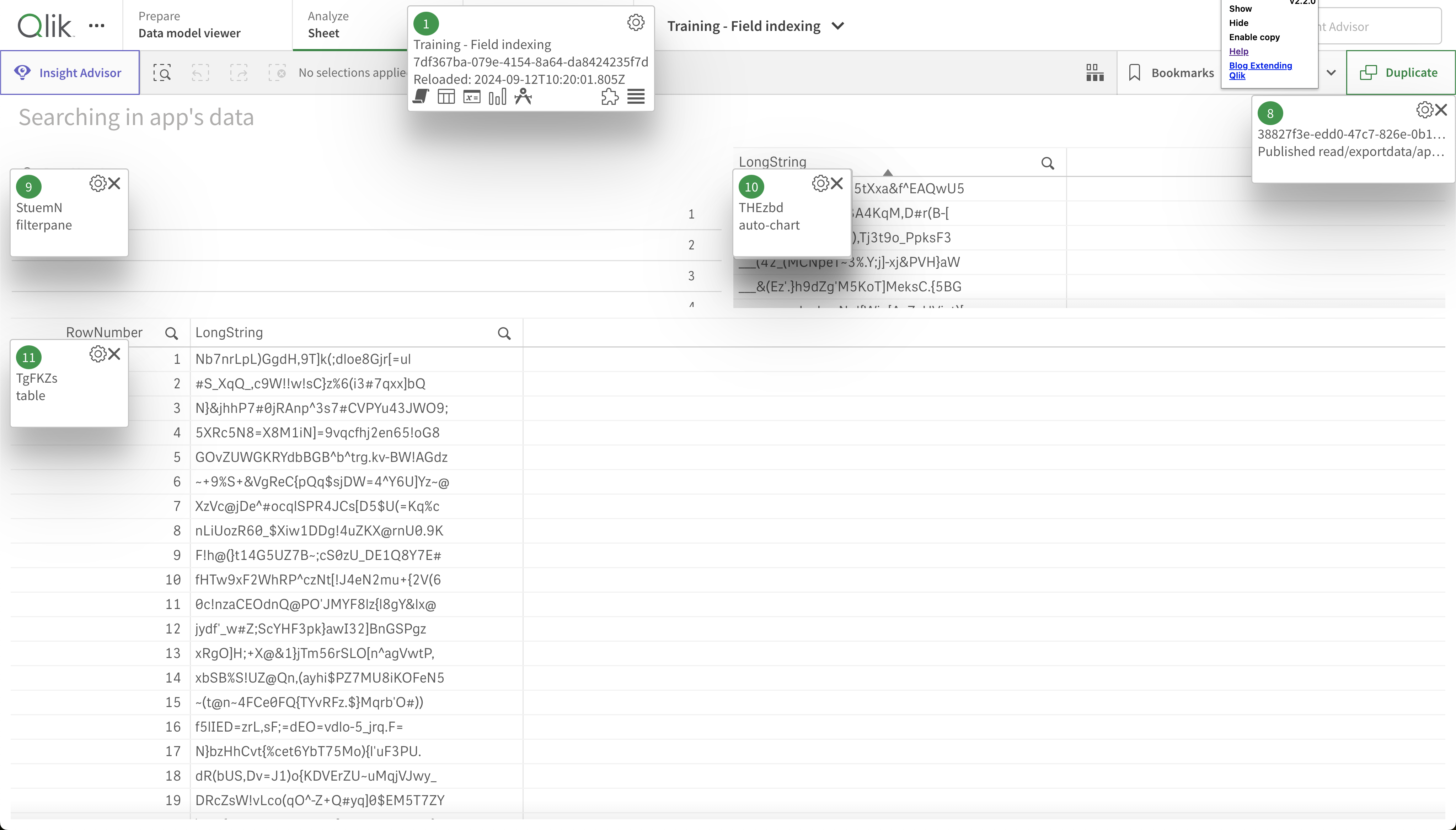Looking at the app sheet where the two slow objects above are located, we can see that it's two tables, each containing strings with random characters. These are slow to index for the engine after a selection is done by the user (or when first opening the app), causing the high work time.