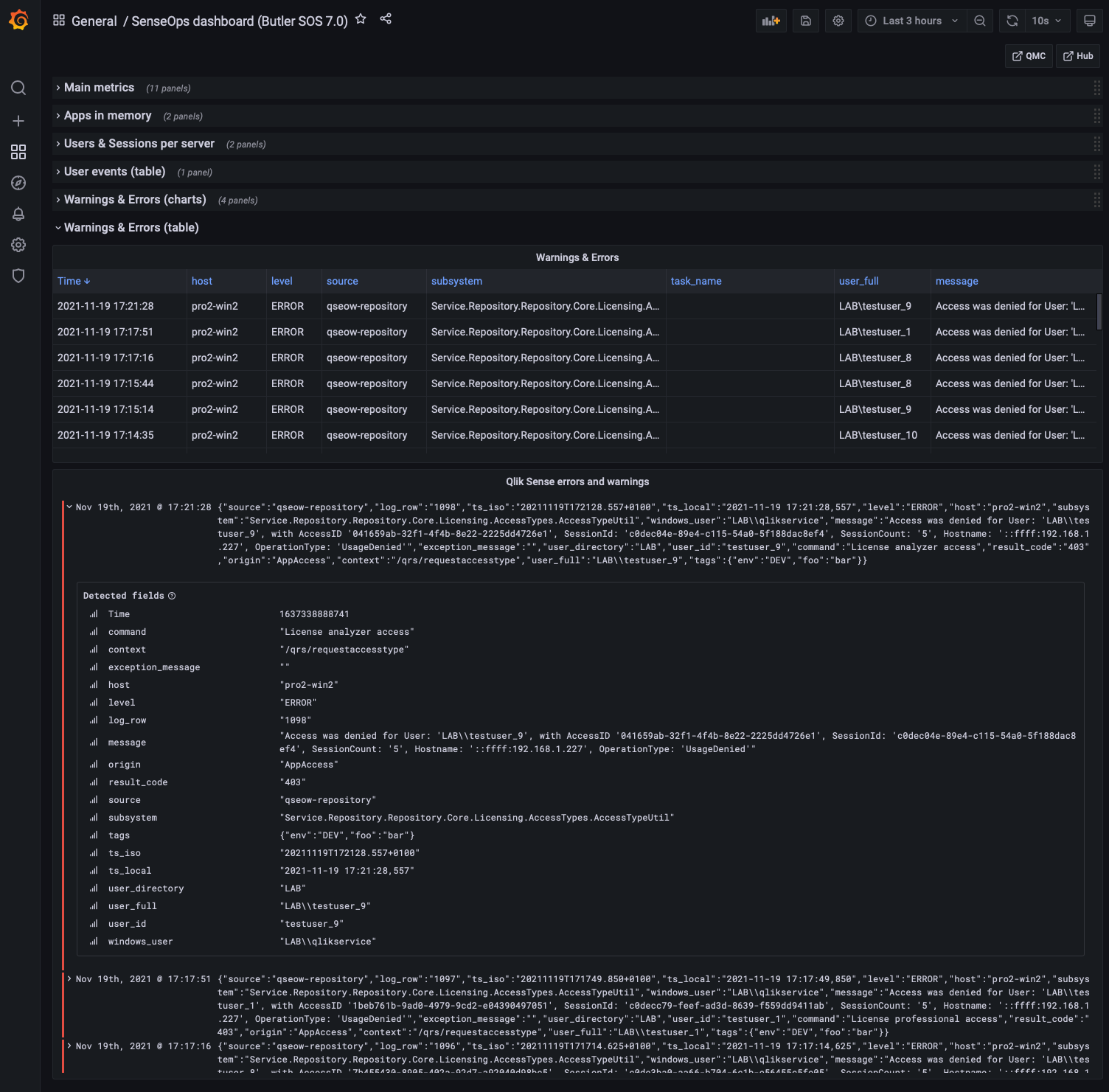Error and warning table details