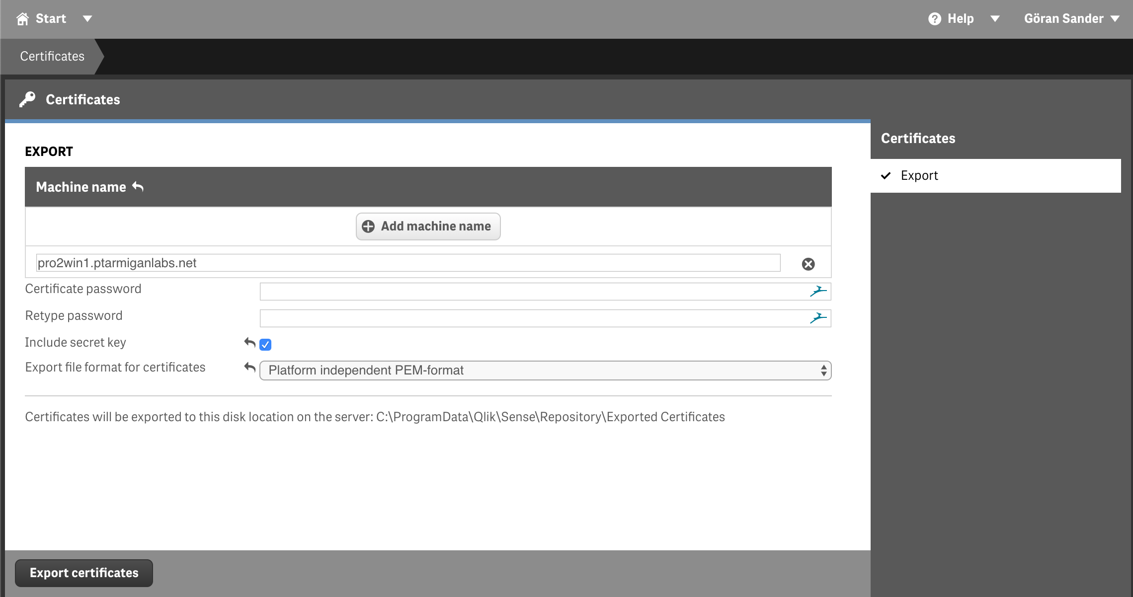 Qlik Sense certificate export
