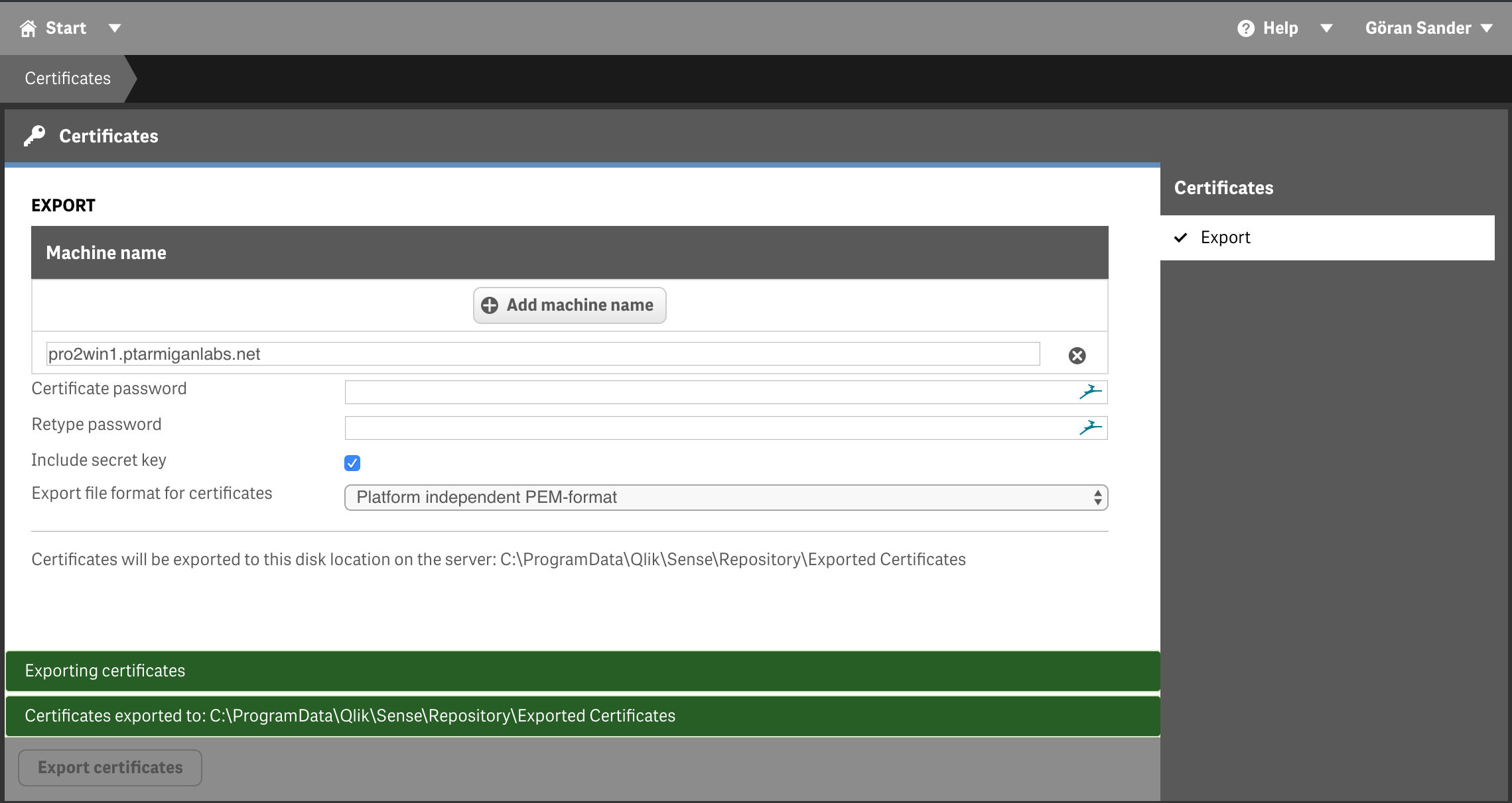 Qlik Sense certificate export